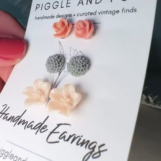 Flower Stud Earrings Set, Dusty Pink Rose Earrings, Grey Dahlia Earrings, Peach Lily Earrings