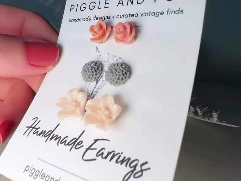 Flower Stud Earrings Set, Dusty Pink Rose Earrings, Grey Dahlia Earrings, Peach Lily Earrings