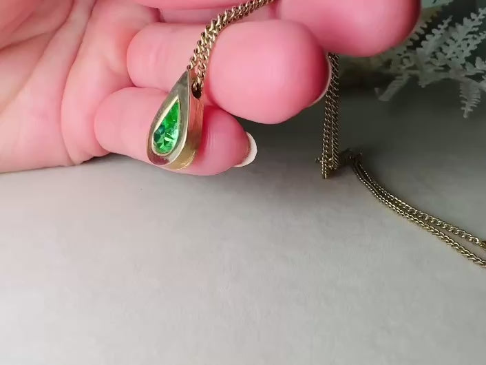 Peridot Teardrop Birthstone Necklace, Vintage Austrian Crystal Green Raindrop Pendant on Fine Gold Chain