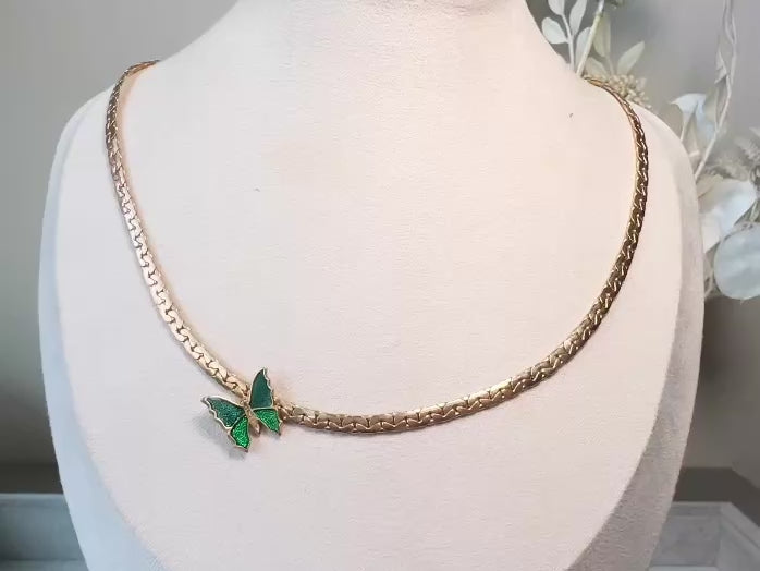Vintage Avon Shy Butterfly Necklace, Gorgeous 1970s Green Enamel Butterfly Choker with Gold Herringbone Chain video