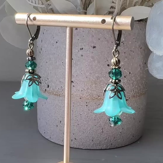 Teal Flower Earrings, Handmade Whimsical Fairy Flower Earrings, Floral Lucite Faerie Earrings with Crystals Crystals & Stamped Bronze by Piggle and Pop