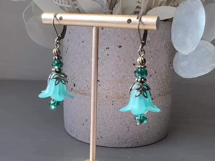 Teal Flower Earrings, Handmade Whimsical Fairy Flower Earrings, Floral Lucite Faerie Earrings with Crystals Crystals & Stamped Bronze by Piggle and Pop