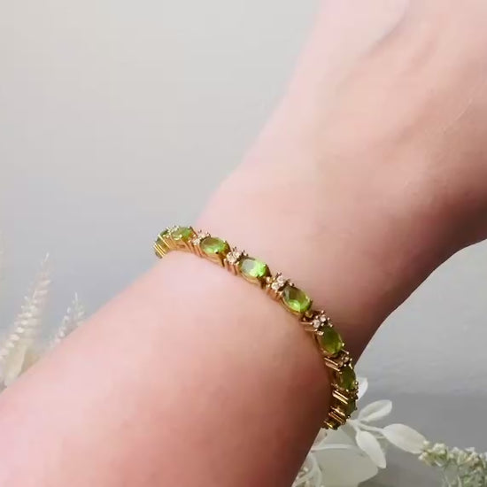 Vintage Tennis Bracelet, Cubic Zirconia & Peridot Crystal Prong Set Gold Bracelet, Gorgeous Green and Gold Classic Vintage Bracelet Gift from Piggle and Pop