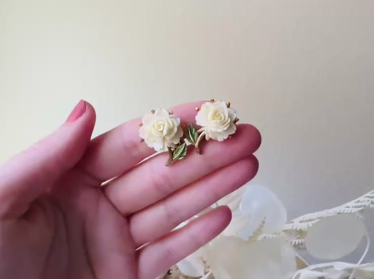1950s Rose Earrings, Cream Celluloid Flower Earrings with Green and Gold Leaf Accents from Piggle and Pop video
