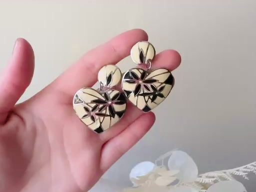 Vintage Heart Earrings, Signed Designer Berebi Vintage Black and Cream Mosaic Drop Earrings video
