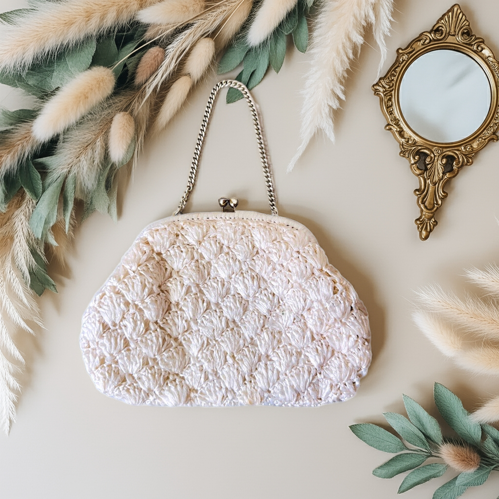 1960s White Raffia Clutch Purse, Handmade in Japan Vintage Mantessa Bag w Chain Strap, Cute Vintage Purse, Shiny Cream Woven Straw Handbag