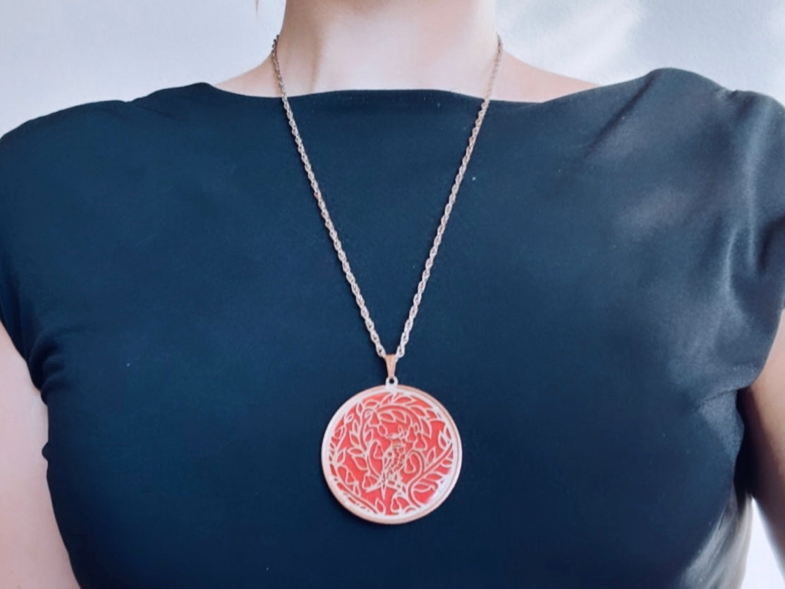 Red Holiday Necklace, Vintage Coppercraft Guild 1978 Christmas Partridge in a Pear Tree Copper Cut Out Medallion Pendant Necklace