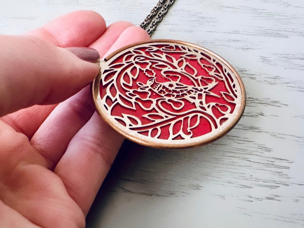 Red Holiday Necklace, Vintage Coppercraft Guild 1978 Christmas Partridge in a Pear Tree Copper Cut Out Medallion Pendant Necklace