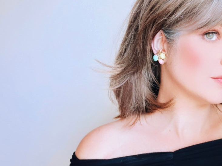 Bethan Jayne modeling 1973 Pastel Pink, Mint & Chartreuse Gold Plated Earrings from Sarah Coventry's Colorful "Candyland" Collection from Piggle and Pop