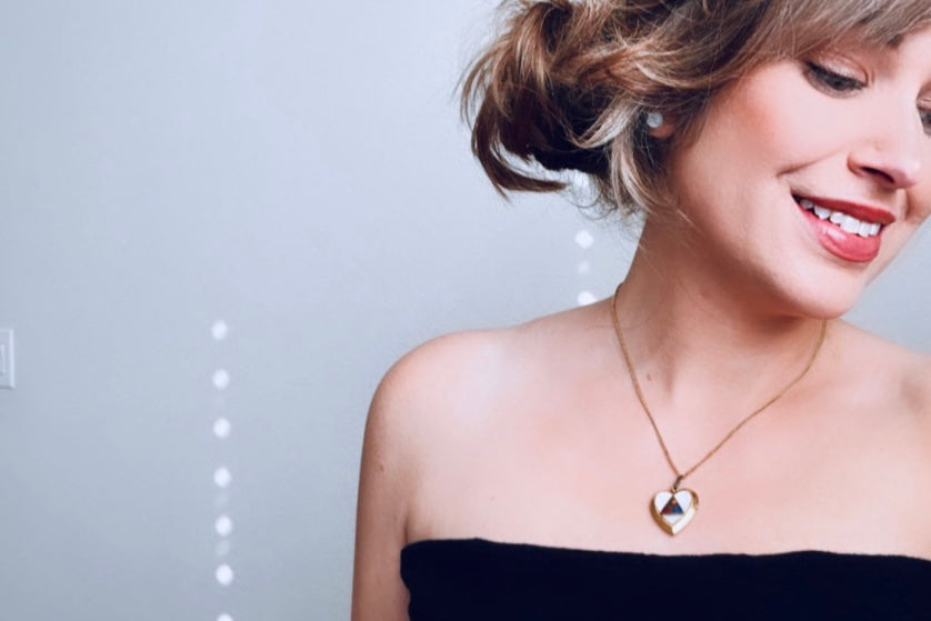 Vintage Gold Heart Locket Necklace, Mother of Pearl US Military Triangle And MOP modelled by Bethan Jayne
