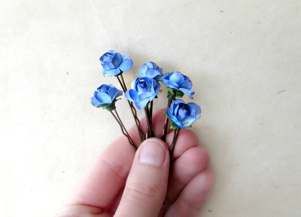 Blue Rose Hair Pins, Blue Bobby Pins, Royal Blue Wedding Hair Accessories, Cobalt Blue Flower Hair Pins, Small Paper Hair Flowers, Rose Pin MPR6