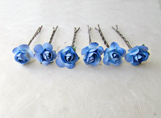 Blue Rose Hair Pins, Blue Bobby Pins, Royal Blue Wedding Hair Accessories, Cobalt Blue Flower Hair Pins, Small Paper Hair Flowers, Rose Pin MPR6