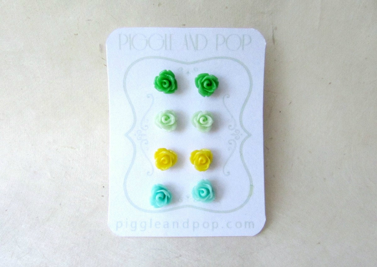 Earring Stud Set, Green and Yellow, Tiny Rose Earrings, Small Flower Earrings, Resin Stud Earrings, Rose Stud Earring Set, Cute Rose Earring