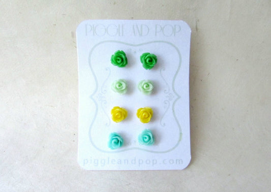 Earring Stud Set, Green and Yellow, Tiny Rose Earrings, Small Flower Earrings, Resin Stud Earrings, Rose Stud Earring Set, Cute Rose Earring fse4
