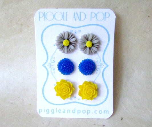 Flower Stud Earrings Set, Blue Yellow Grey, Royal Blue Dahlia Earrings, Yellow Rose Studs, Gray Gerber Daisy Stud Earrings, Floral Post Set