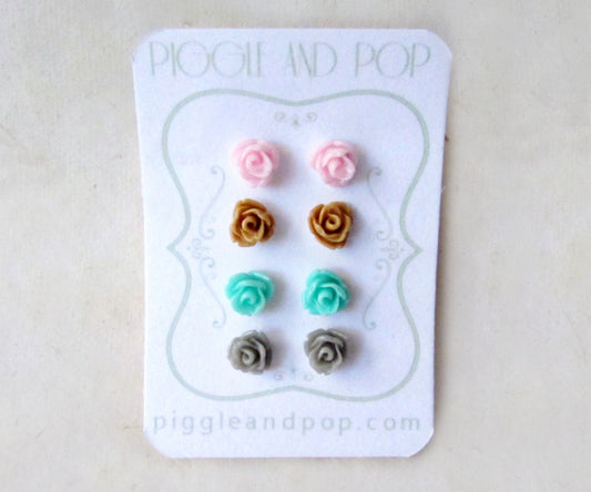 Stud Earring Set, Tiny Rose Earrings, Small Rose Studs, Flower Stud Earrings, Pink Caramel Mint Grey, Spring Jewelry, Rose Earring Stud Set FSE4