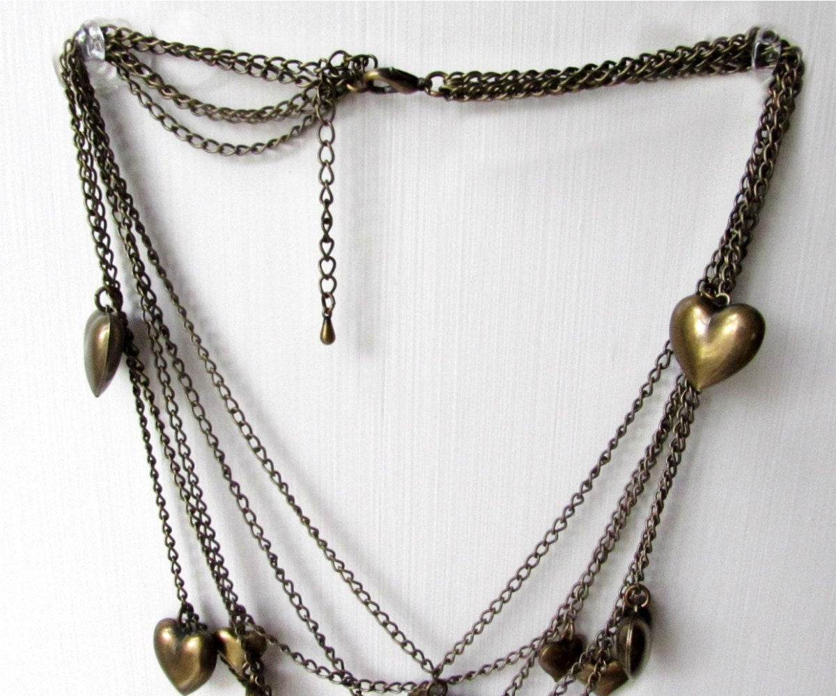 Layered Choker Necklace, Multistrand Heart Charm Necklace, Puffy Heart Charm 5 Layer Bronze Chain Necklace 16 Inch, Statement Necklace