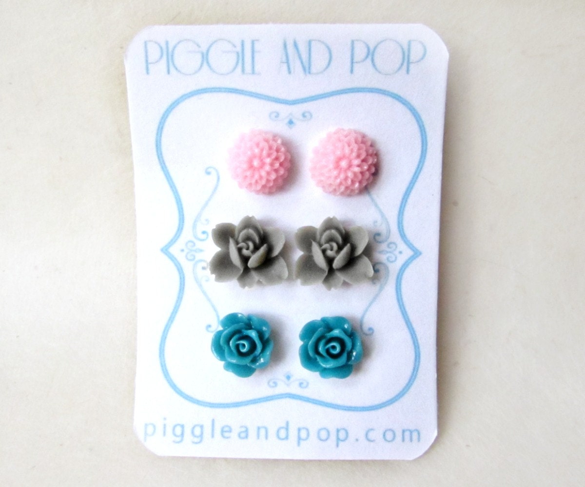 Flower Stud Earrings Set, Small Flower Earring, Pink Grey and Teal, Three Pairs of Resin Cabochon Earrings, Dahlia Orchid and Rose Studs