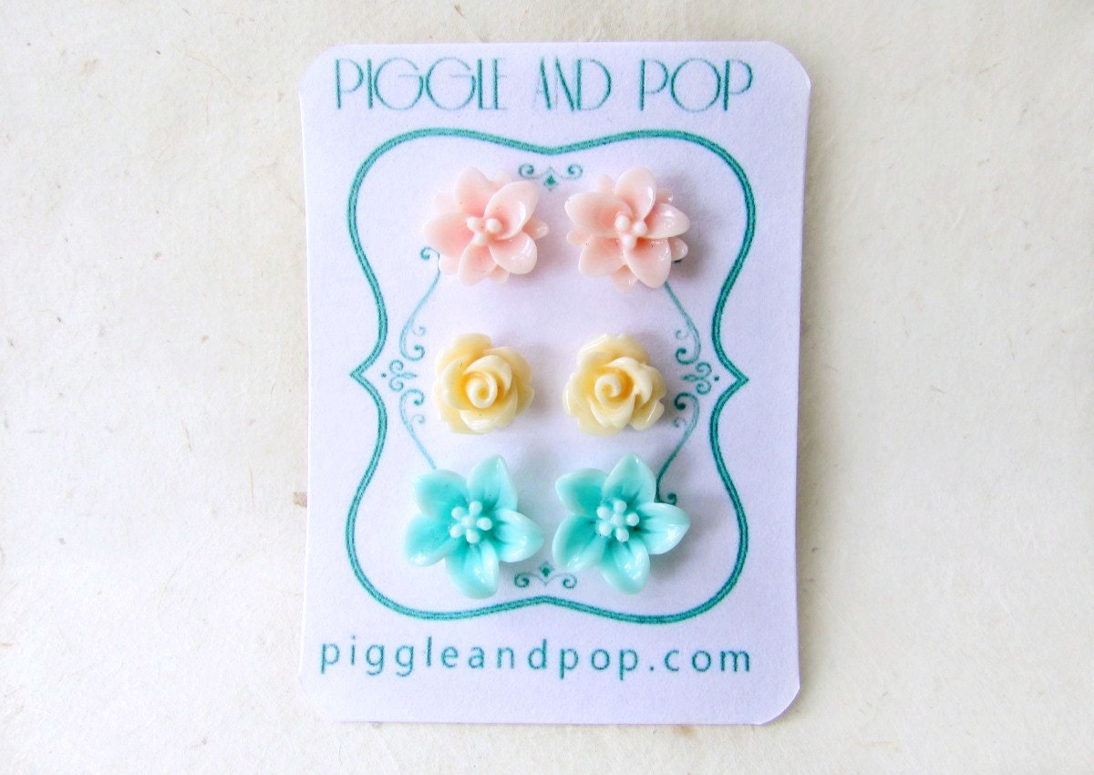 Earring Stud Set, Flower Earring Set, Pastel Earrings, Pink Lotus Earring, Peach Rose Studs, Mint Lily Earrings, Surgical Steel Earring