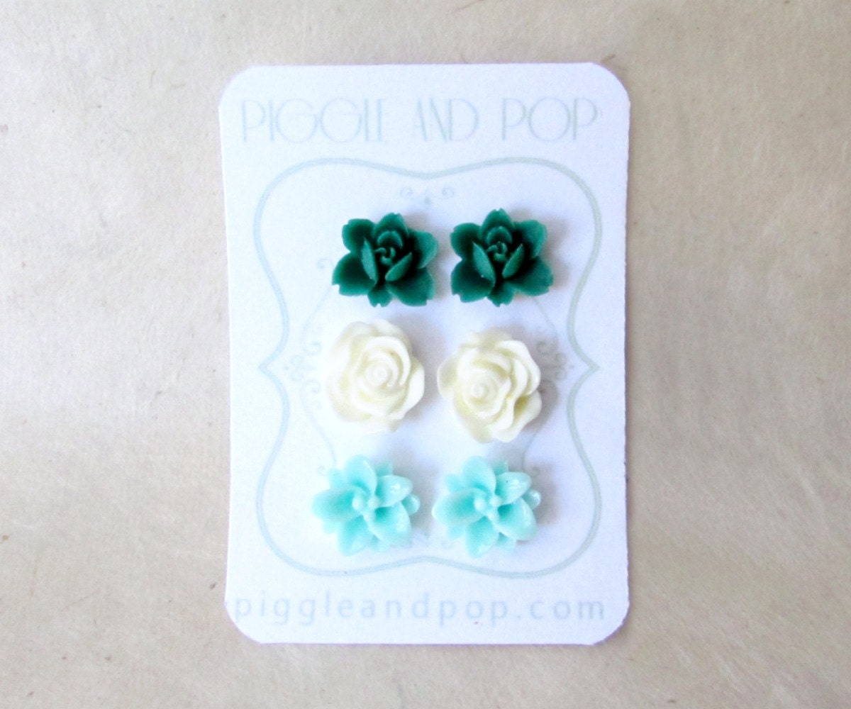 Flower Stud Earrings Set, Emerald Orchid Earrings, Cream Rose Earring, Mint Lotus Earrings, Earring Stud Set, Cute Resin Stud Earrings