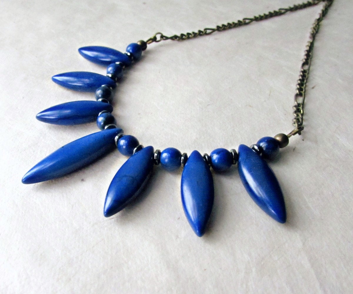 Blue Gemstone Necklace, Stone Bib Necklace, Boho Fan Necklace, Marquise Fringe Necklace, Royal Blue Necklace, Geometric Spike Necklace