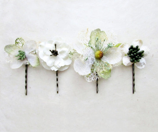 Bridal Hair Pins, Rustic Wedding White Hair Flowers, Woodland Flower Clips, Bride Hair Pin, Wedding Bobby Pins, Burlap White Hair Flowers