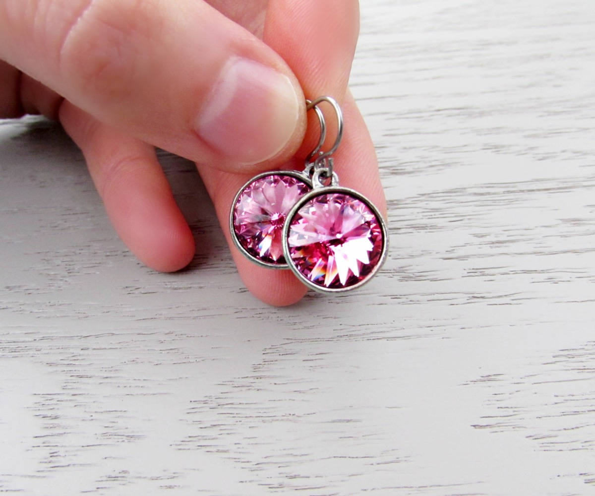 Pink Swarovski Earrings, Pink Crystal Earrings, Small Rhinestone Drop Earrings, Rose Pink Earrings, Rivoli Earrings, Pink Bridesmaid Earring