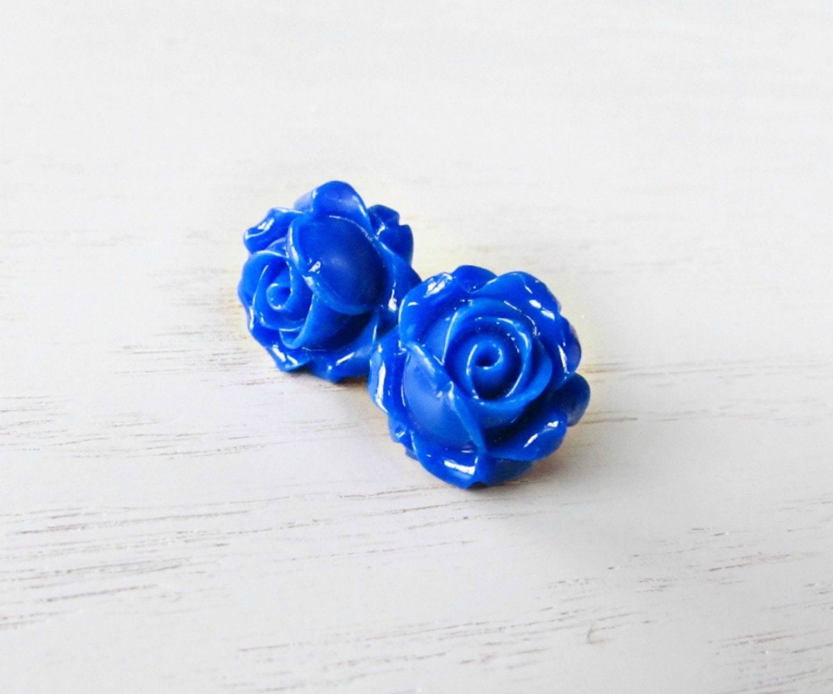 Blue Rose Earrings, Flower Stud Earrings Cobalt Blue, Big Flower Earring, Large Stud Earring, Royal Blue Resin Stud Earring, Hypoallergenic