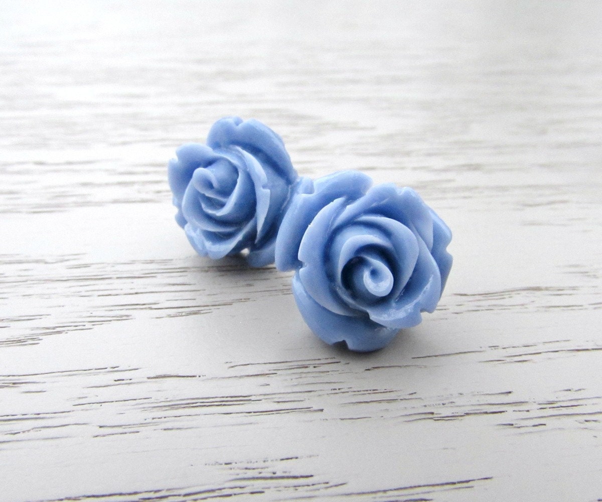 Flower Stud Earrings, Dusty Blue Earring, Large Rose Earrings, Rose Stud Earring, Big Flower Earrings, Resin Stud Earring, Hypoallergenic