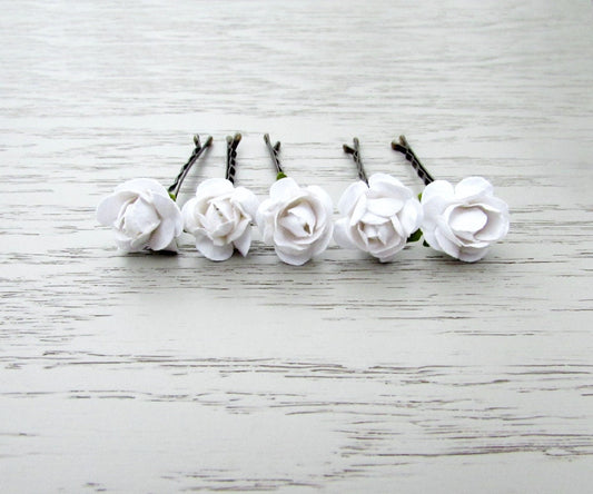 White Rose Bobby Pins, Bridal Hair Pins, Flower Hair Pins White Wedding Hair Flowers, Paper Flower Bridal Clips, Crepe Paper Rose Hair Pins MPR6