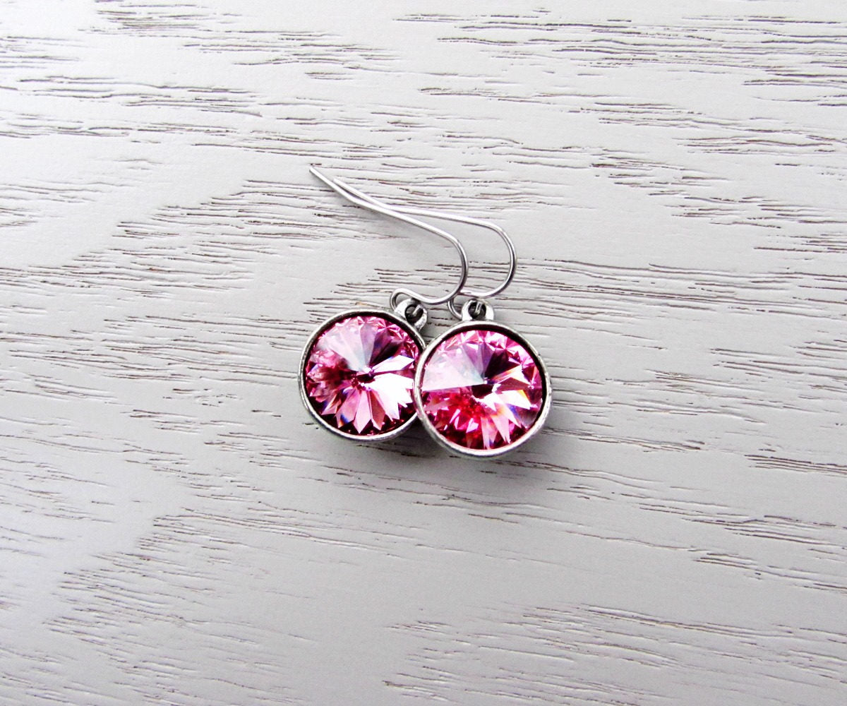 Pink Swarovski Earrings, Pink Crystal Earrings, Small Rhinestone Drop Earrings, Rose Pink Earrings, Rivoli Earrings, Pink Bridesmaid Earring