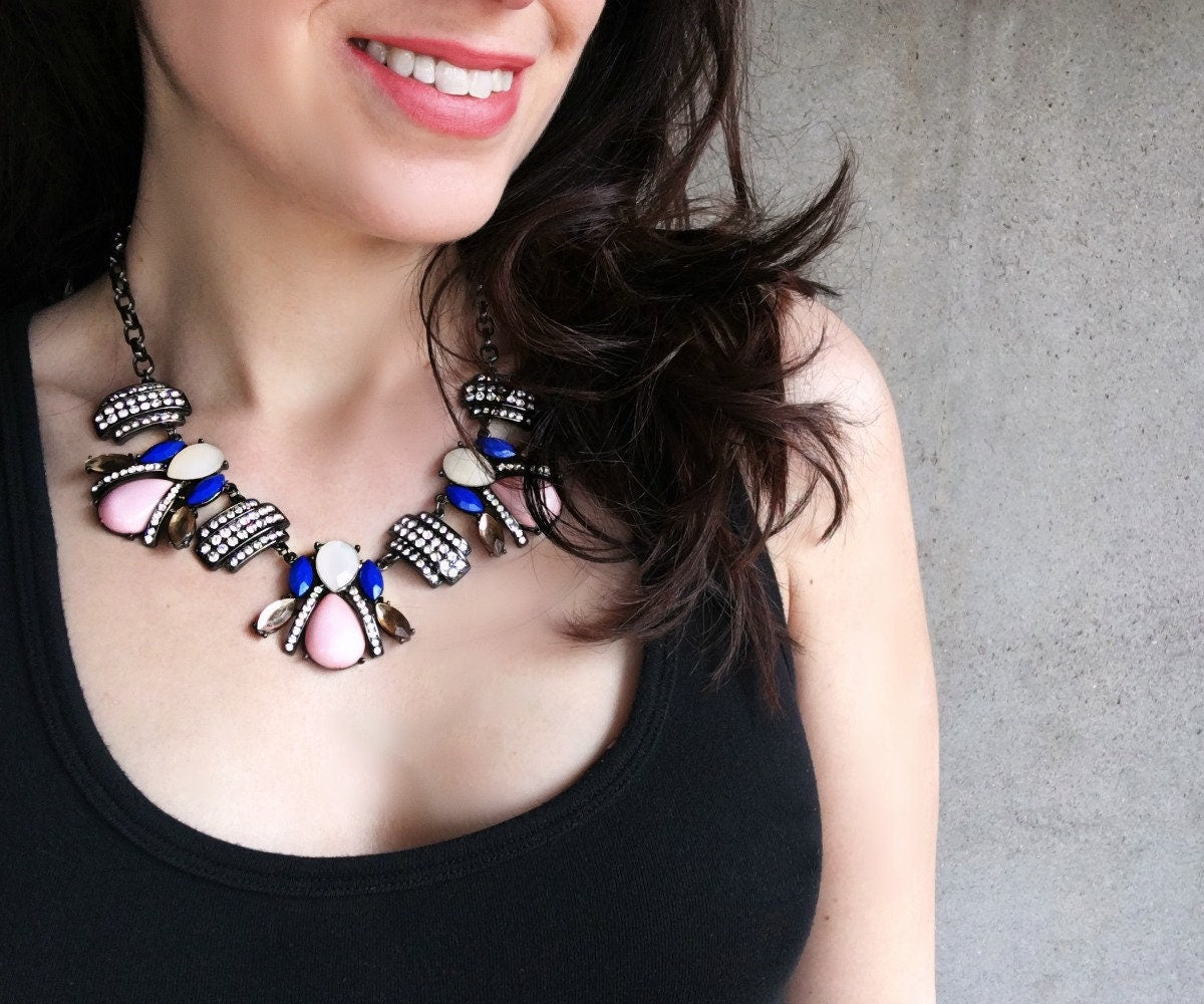 Rhinestone Statement Necklace, Colorful Bib Necklace, Pink Blue Topaz and Gunmetal, Chunky Collar Necklace, Geometric Bubble Necklace