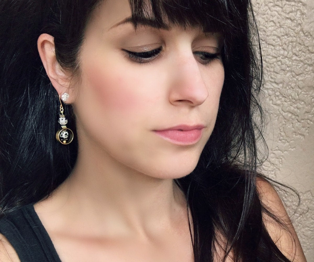 Dalmatian Jasper Earrings, Raw Brass Earrings, Bead Frame Earring, Geometric Jewelry, Gemstone Orb Bohemian Earring, Boho Minimalist Jewelry