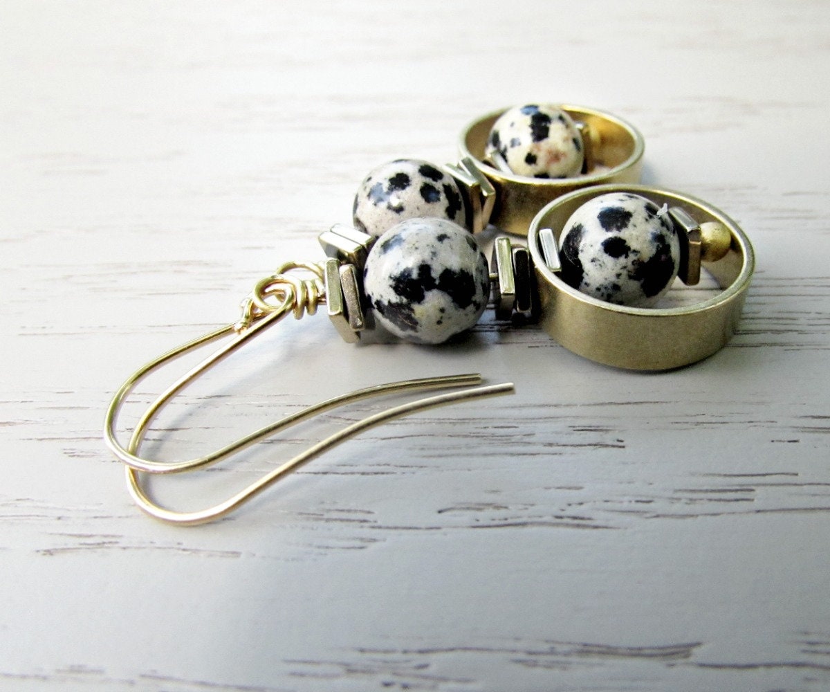 Dalmatian Jasper Earrings, Raw Brass Earrings, Bead Frame Earring, Geometric Jewelry, Gemstone Orb Bohemian Earring, Boho Minimalist Jewelry