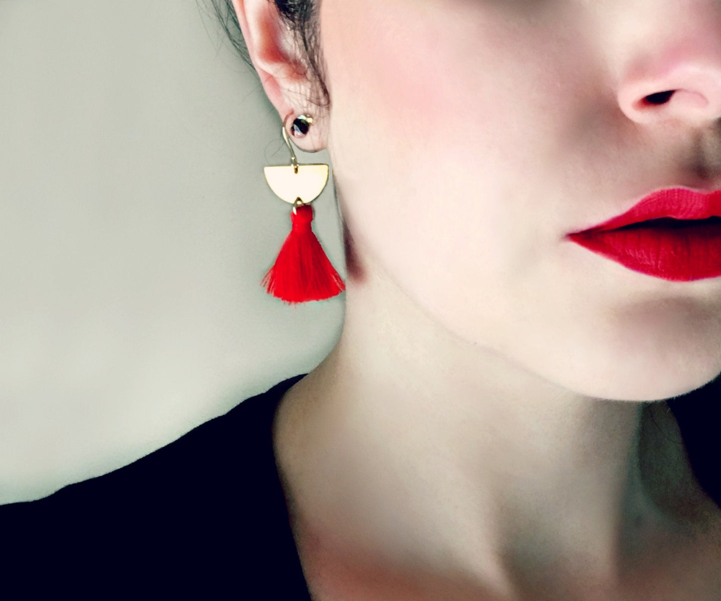 Red Tassel Earrings, Short Red and Gold Earrings, Small Tassel Earrings, Raw Brass Crescent, Geometric Earrings, Red Fringe Earring
