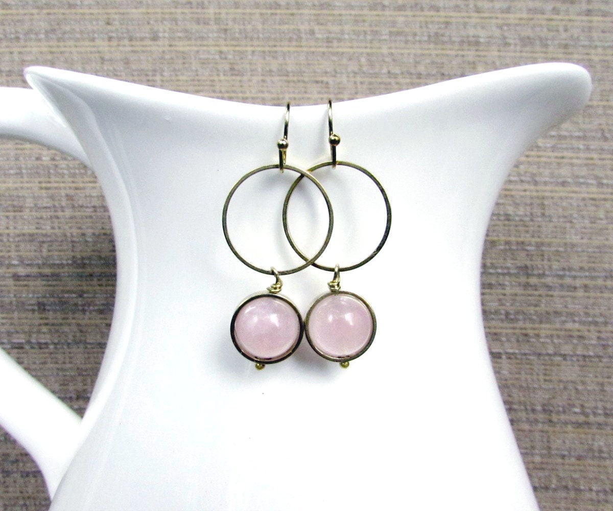 Rose Quartz + Raw Brass Orb Earrings, Pink Quartz Bead Frame Earring,  Rose Quartz Gemstone Hoop Earrings, Geometric Boho Style Minimalist