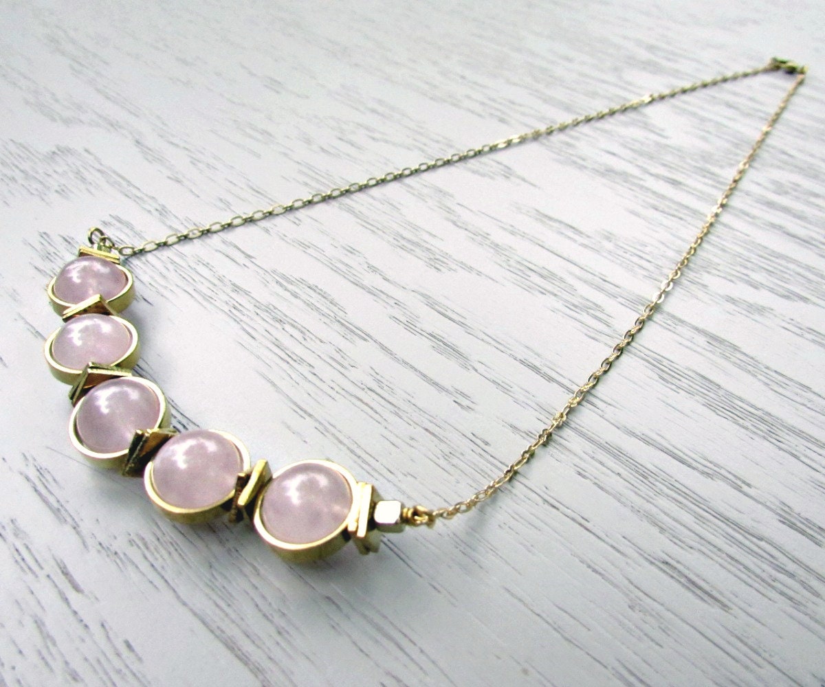 Pink Quartz Necklace, Raw Brass Necklace, Gemstone Orb Necklace, Rose Quartz Bead Frame Necklace, Light Pink Brass Wire Wrapped Pendant