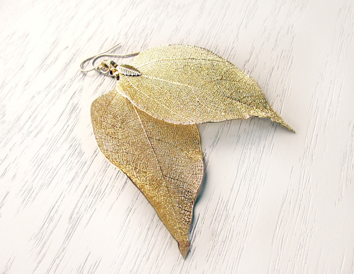 Gold Leaf Earrings, Real Leaf Dangle Earrings, 14kt Gold Earwires, Delicate Gold Earrings, Ethereal Wedding Earrings, Bridal Gold Dipped