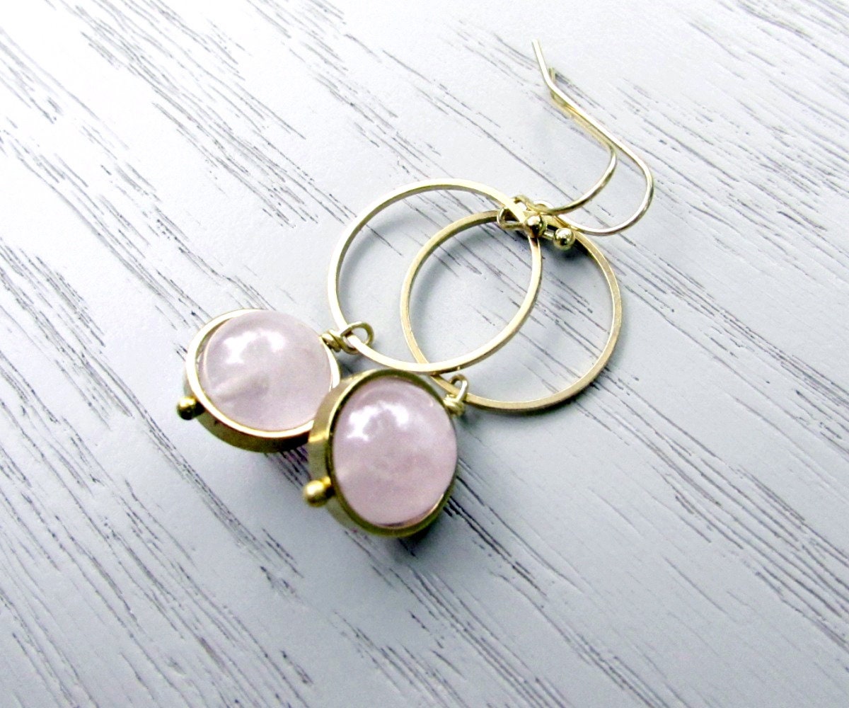 Rose Quartz + Raw Brass Orb Earrings, Pink Quartz Bead Frame Earring,  Rose Quartz Gemstone Hoop Earrings, Geometric Boho Style Minimalist