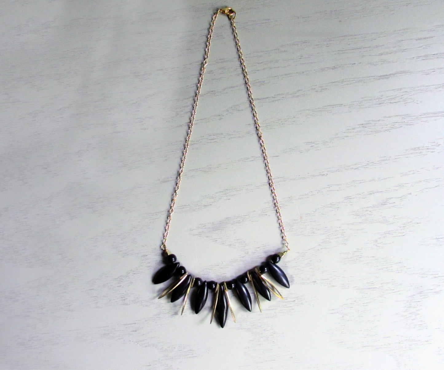 Black and Gold Marquise Spike Necklace, Black Bib Necklace, Boho Fan Necklace, Marquise Fringe Necklace, Short Collar Geometric Necklace