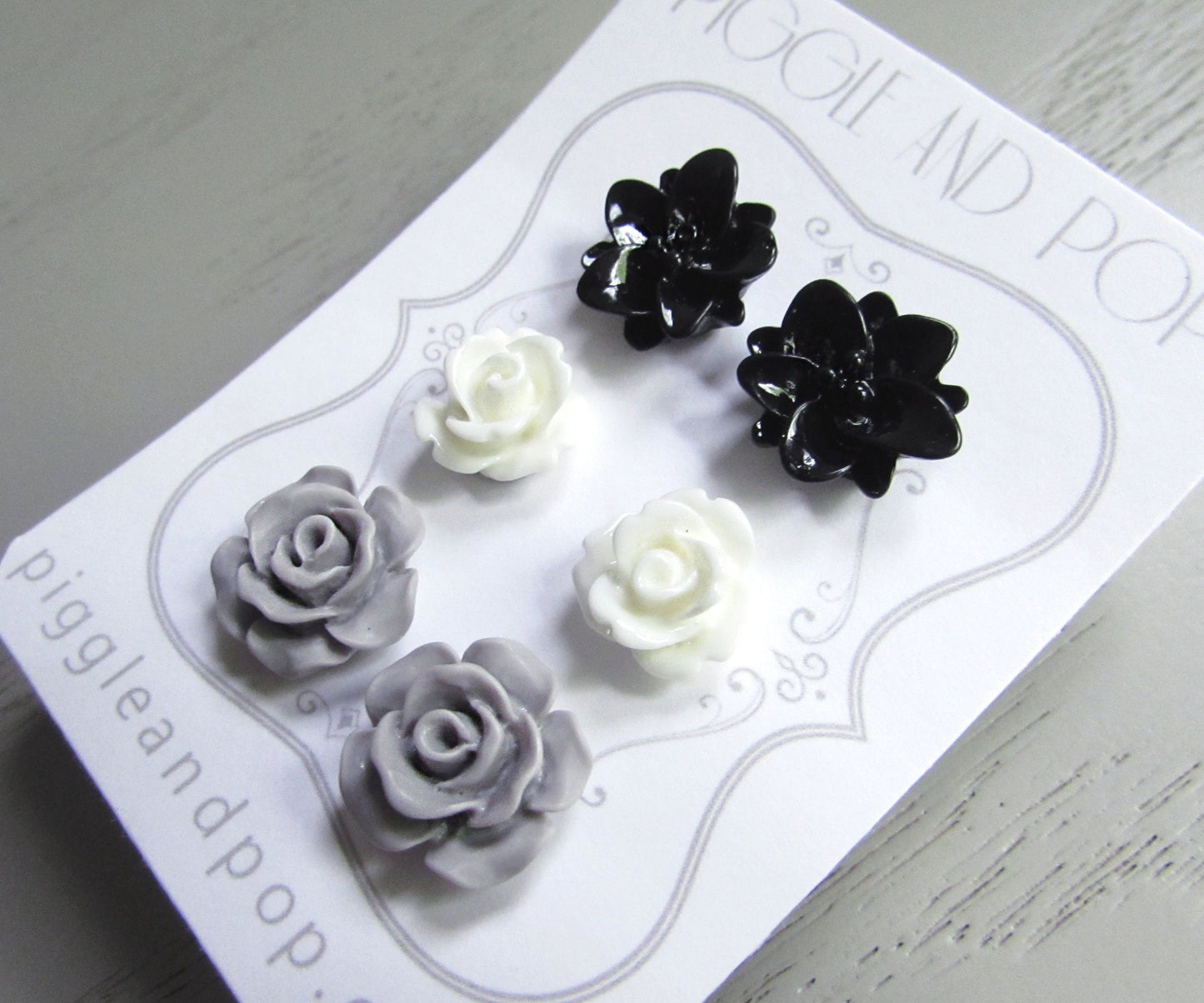 Black White Grey Flower Stud Earrings Set, Small Resin Flower Earrings, Monochrome Post Earrings, Matte and Glossy Black and White Earring Stud Set