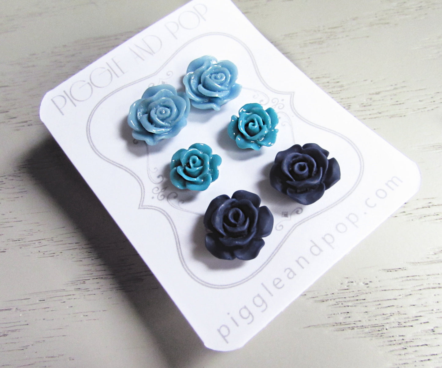 Blue Flower Stud Earrings Set, Powder Blue, Teal, Navy Floral Earrings, Resin Flower Earrings, Blue Bridesmaid Post Earring Stud Set of 3