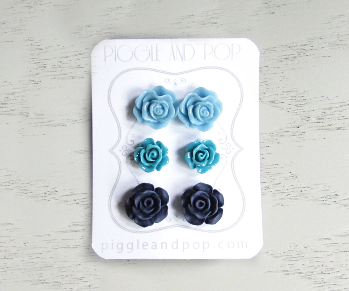 Blue Flower Stud Earrings Set, Powder Blue, Teal, Navy Floral Earrings, Resin Flower Earrings, Blue Bridesmaid Post Earring Stud Set of 3