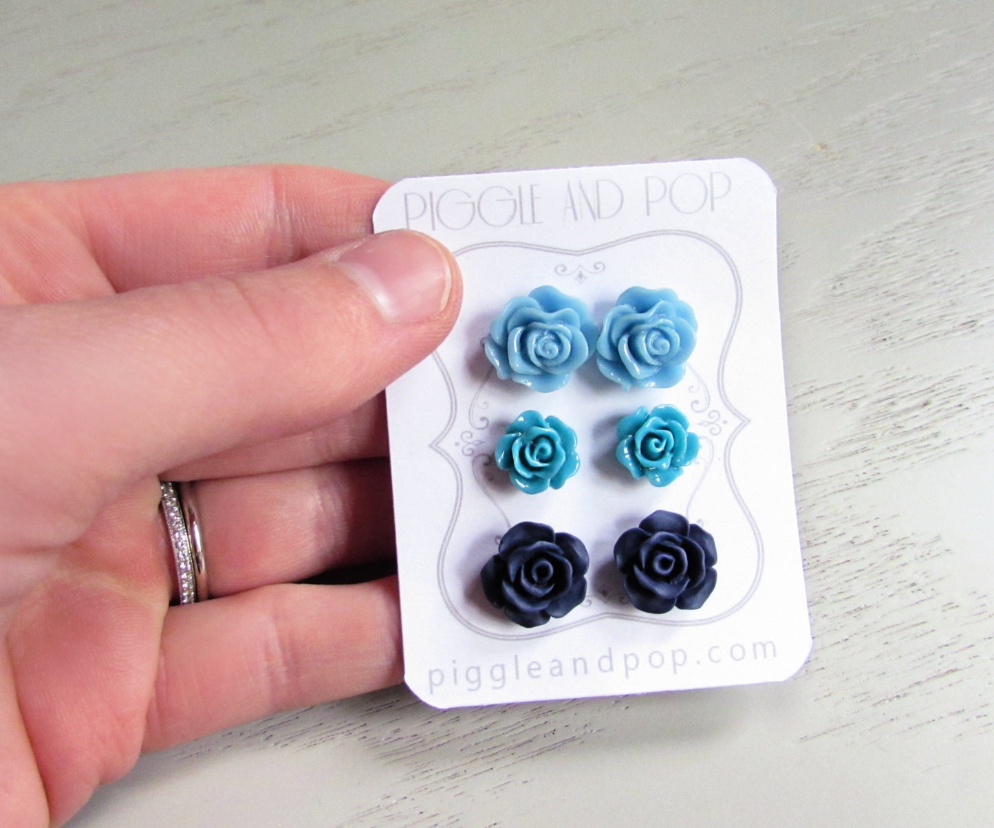 Blue Flower Stud Earrings Set, Powder Blue, Teal, Navy Floral Earrings, Resin Flower Earrings, Blue Bridesmaid Post Earring Stud Set of 3