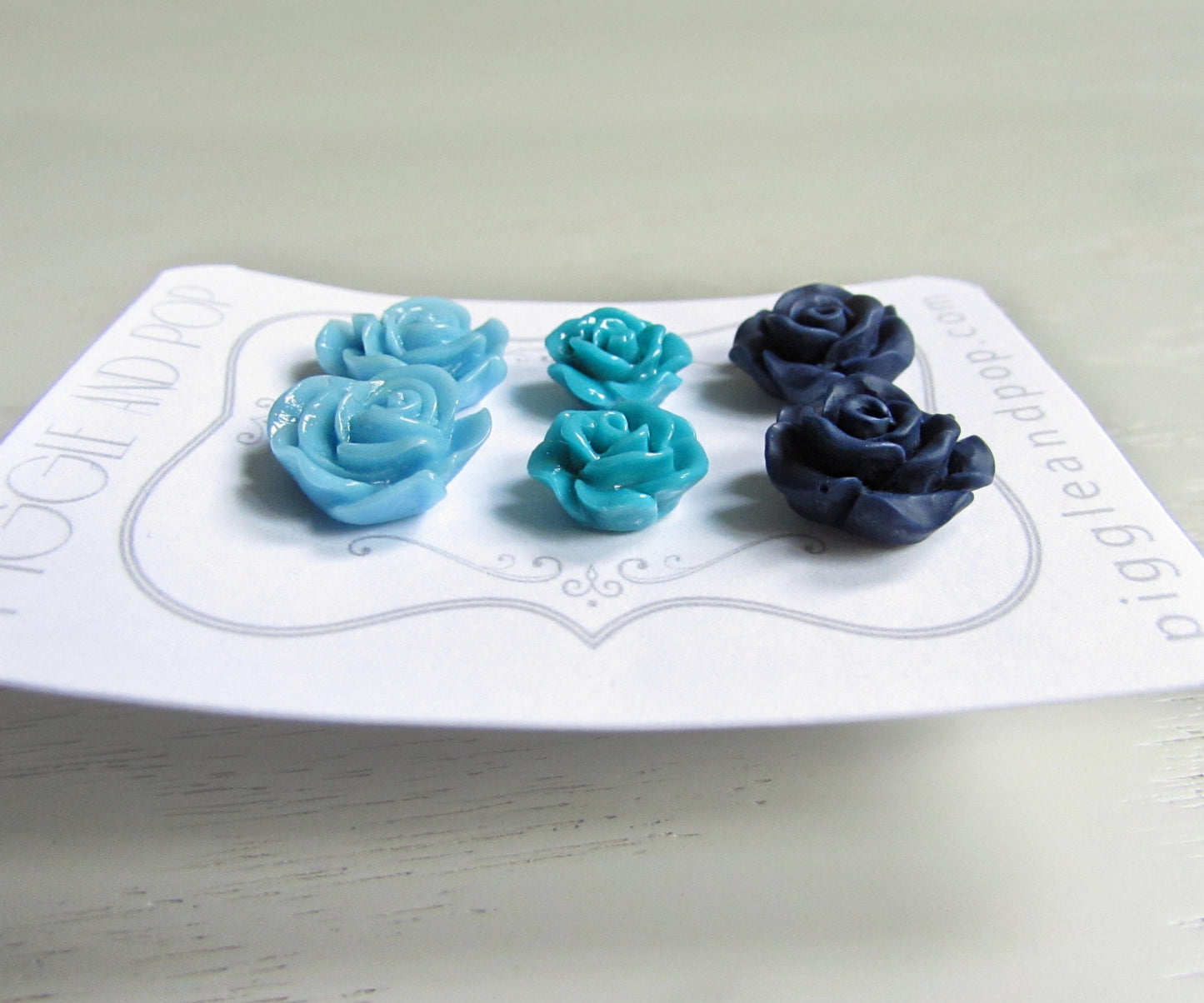 Blue Flower Stud Earrings Set, Powder Blue, Teal, Navy Floral Earrings, Resin Flower Earrings, Blue Bridesmaid Post Earring Stud Set of 3