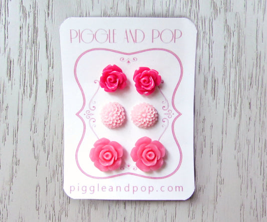 Pink Flower Earring Set, Pink Stud Earrings, Pretty Flower Stud Earrings in Hot Pink, Baby Pink and Berry Pink, Bridesmaid Earring Gifts