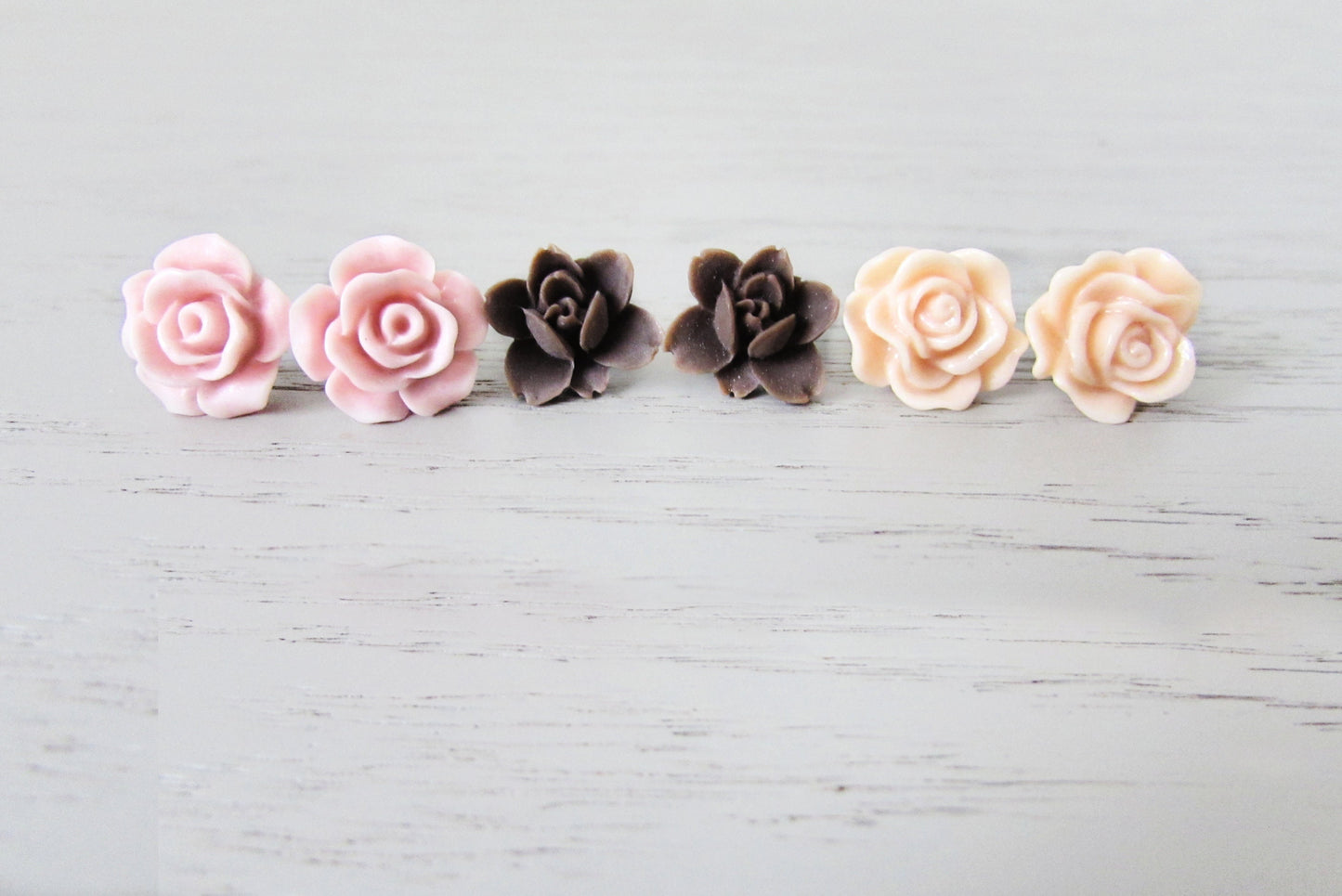 Flower Stud Earrings Set in Blush Pink Chocolate Peach, Floral Post Earring Set, Wedding Resin Flower Earrings, Matte Finish Rose Earrings