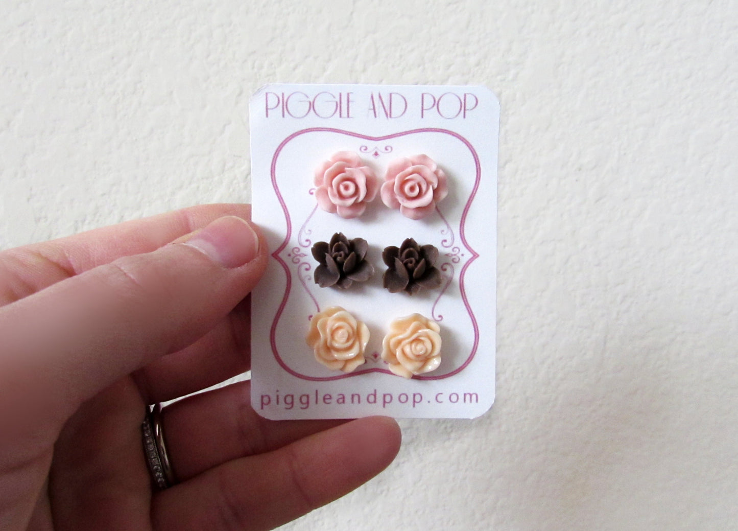 Flower Stud Earrings Set in Blush Pink Chocolate Peach, Floral Post Earring Set, Wedding Resin Flower Earrings, Matte Finish Rose Earrings