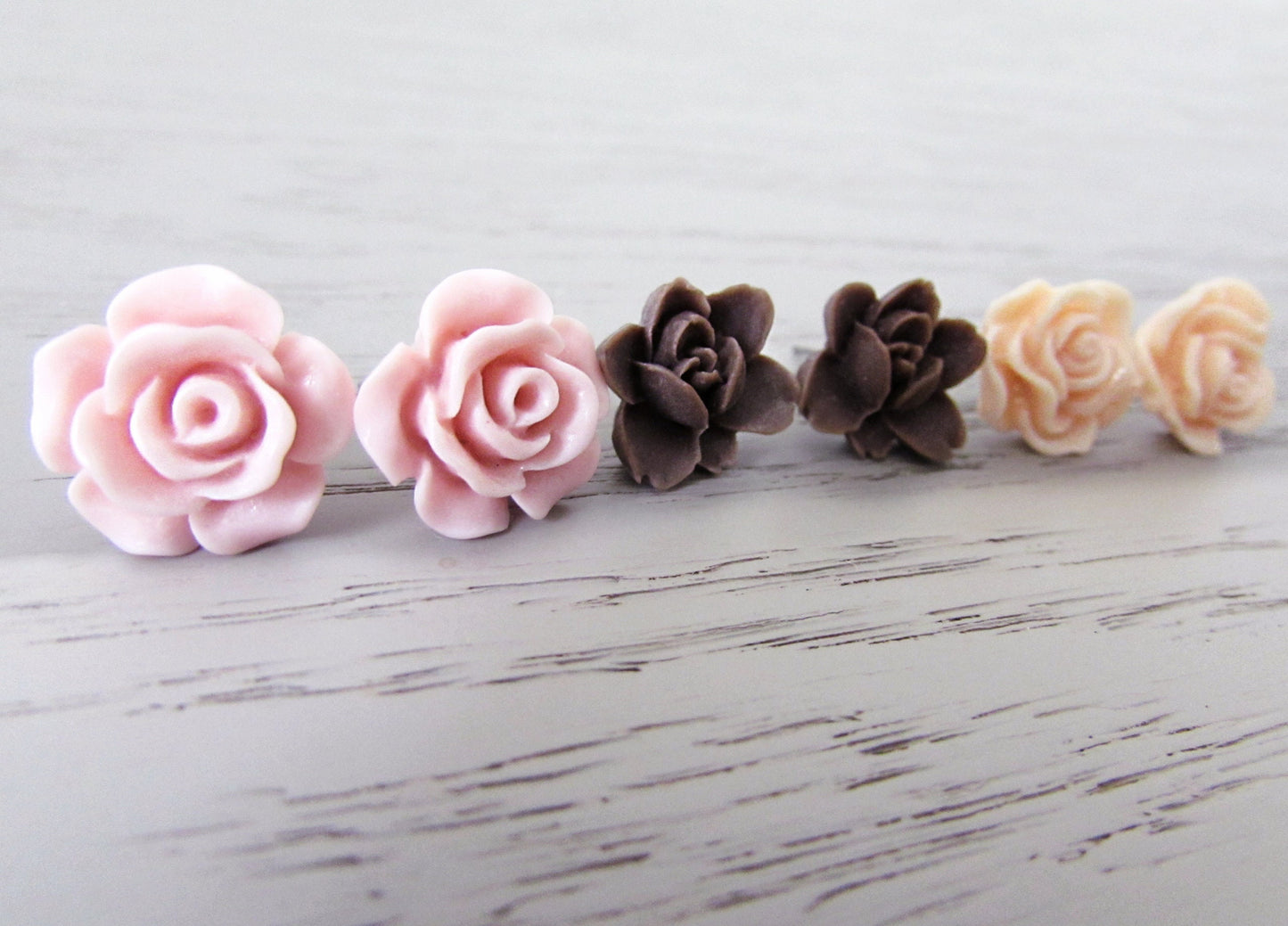 Flower Stud Earrings Set in Blush Pink Chocolate Peach, Floral Post Earring Set, Wedding Resin Flower Earrings, Matte Finish Rose Earrings