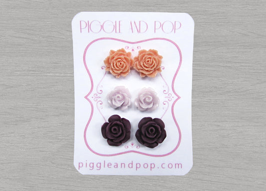 Flower Stud Earrings Set in Coral Pink, Lavender and Plum Purple, Floral Post Earring Set, Resin Flower Earrings, Matte Finish Rose Earrings